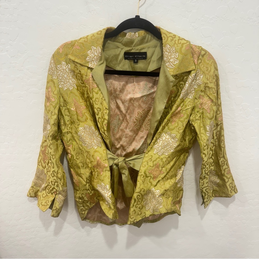 Gigi Clark Silk Brocade Jacket Tie Front Womens 3 Couture Vintage Y2K Cropped
